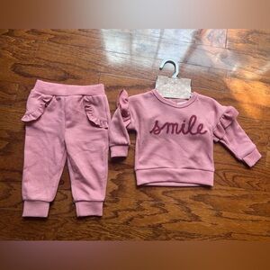 Girls' Pink Ruffle Sweatshirt & Jogger Set - Cozy Ribbed Two-Piece
